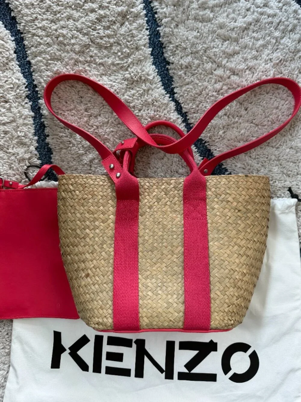 KENZO Logo Raffia Tote Bag Beige Pink Shoulder Bag